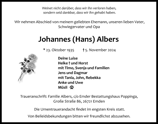 Traueranzeige von Johannes Albers von Emder Zeitung