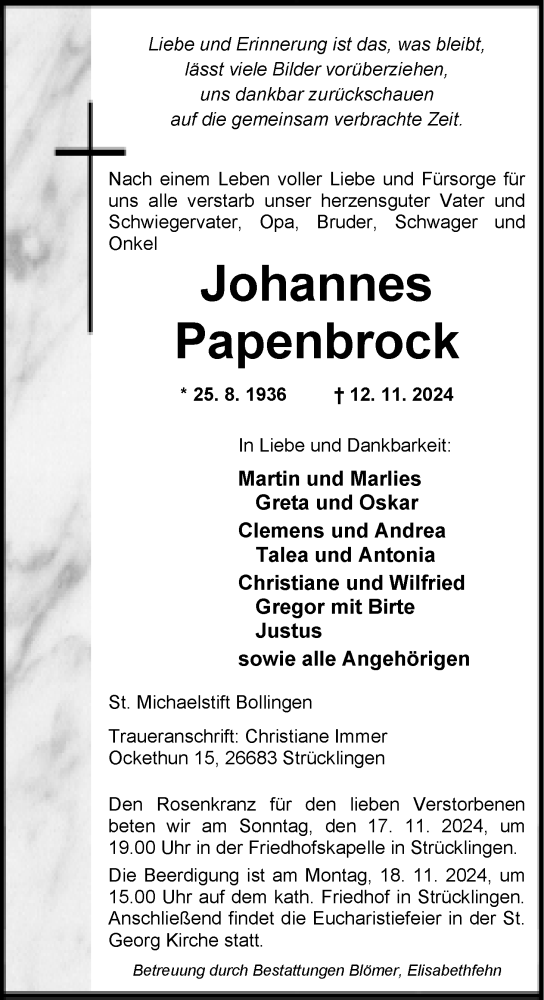 Traueranzeige von Johannes Papenbrock von Nordwest-Zeitung