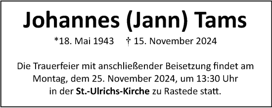 Traueranzeige von Johannes Tams von Nordwest-Zeitung