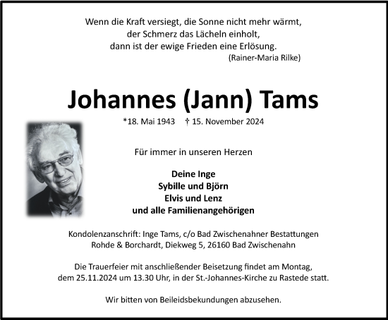 Traueranzeige von Johannes Tams von Nordwest-Zeitung