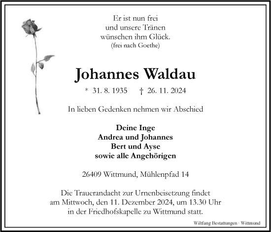 Traueranzeige von Johannes Waldau von WZ/JW/AH