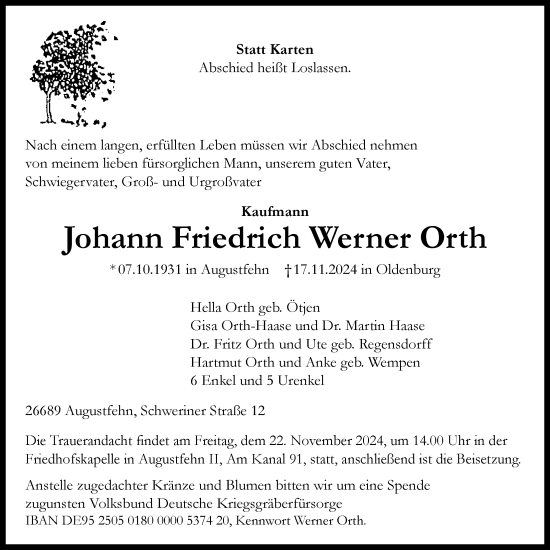 Traueranzeige von Johann Friedrich Werner Orth von Nordwest-Zeitung