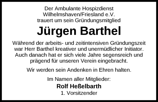 Traueranzeige von Jürgen Barthel von WZ/JW/AH