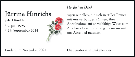 Traueranzeige von Jürrine Hinrichs von Emder Zeitung