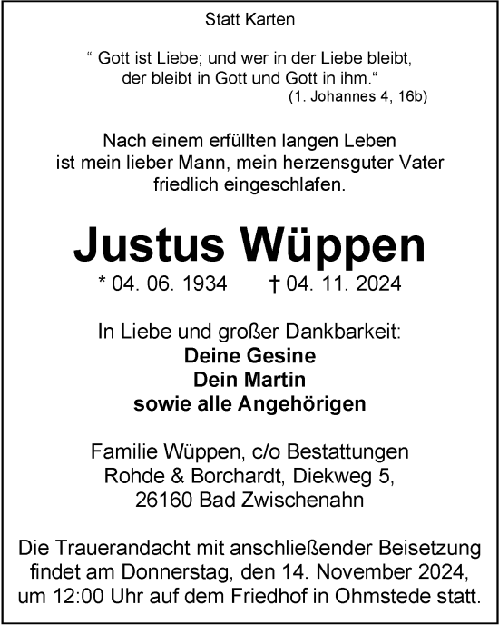 Traueranzeige von Justus Wüppen von Nordwest-Zeitung