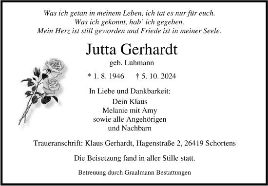 Traueranzeige von Jutta Gerhardt von WZ/JW/AH