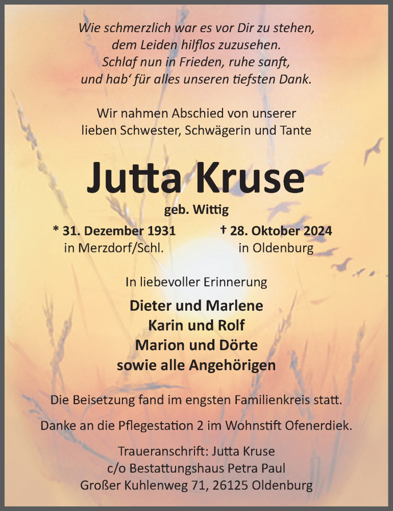  Traueranzeige für Jutta Kruse vom 19.11.2024 aus Nordwest-Zeitung