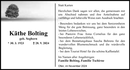 Traueranzeige von Käthe Bolting von Nordwest-Zeitung