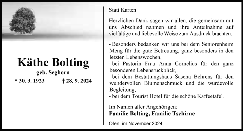 Traueranzeige für Käthe Bolting vom 23.11.2024 aus Nordwest-Zeitung