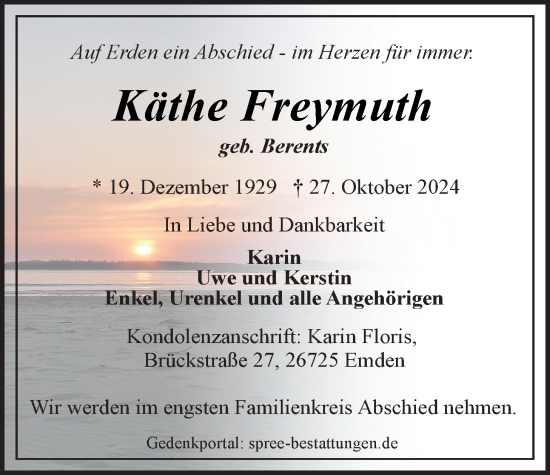 Traueranzeige von Käthe Freymuth von Emder Zeitung