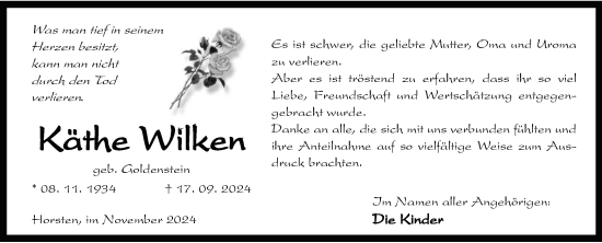 Traueranzeige von Käthe Wilken von WZ/JW/AH