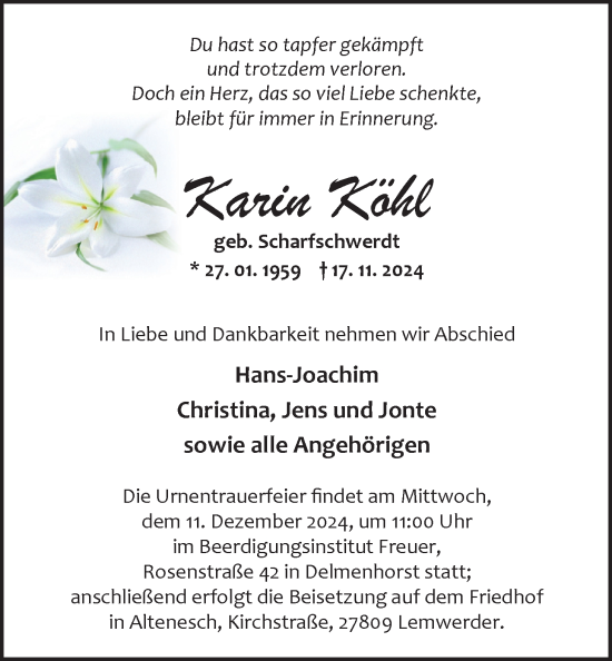 Traueranzeige von Karin Köhl von Nordwest-Zeitung