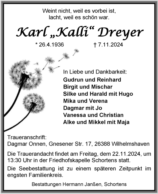 Traueranzeige von Karl Dreyer von WZ/JW/AH