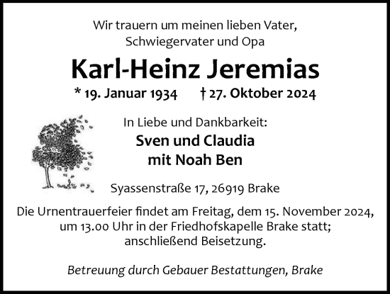 Traueranzeige von Karl-Heinz Jeremias von Nordwest-Zeitung