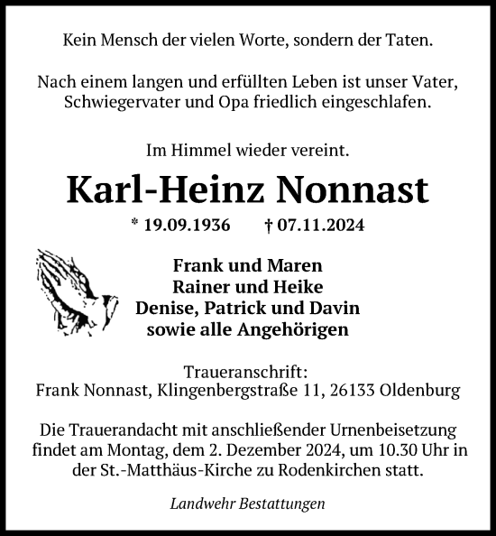 Traueranzeige von Karl-Heinz Nonnast von Nordwest-Zeitung