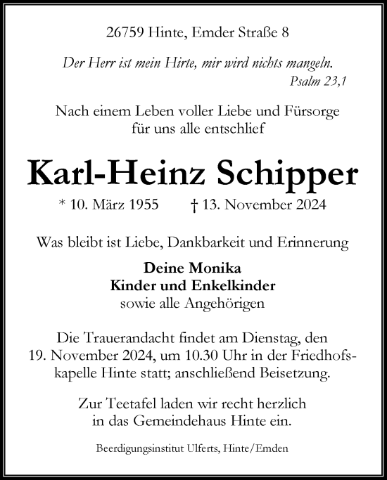 Traueranzeige von Karl-Heinz Schipper von Emder Zeitung