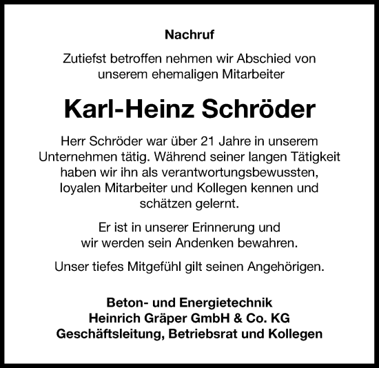 Traueranzeige von Karl-Heinz Schröder von Nordwest-Zeitung