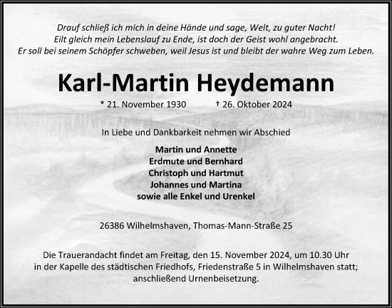 Traueranzeige von Karl-Martin Heydemann von WZ/JW/AH