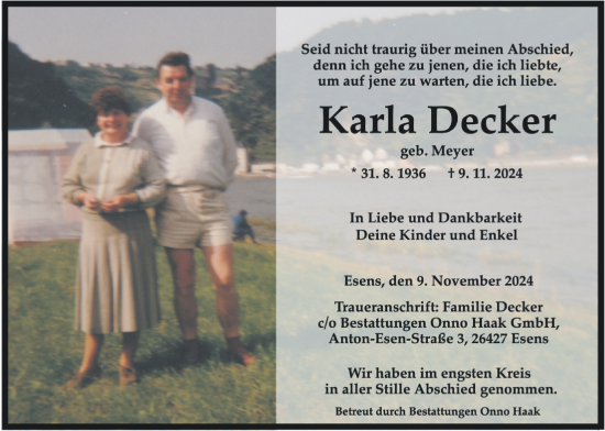 Traueranzeige von Karla Decker von WZ/JW/AH