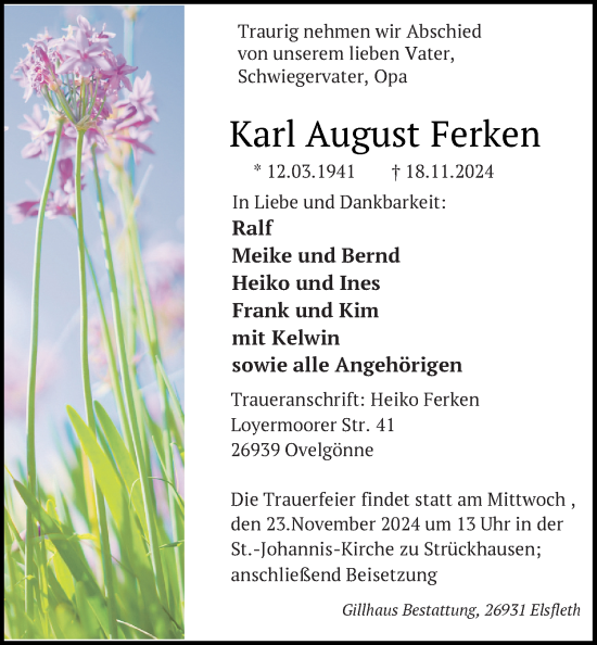 Traueranzeige von Karl August Ferken von Nordwest-Zeitung