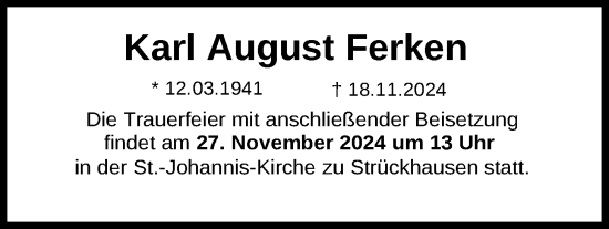 Traueranzeige von Karl August Ferken von Nordwest-Zeitung