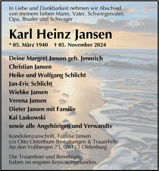Traueranzeige von Karl Heinz Jansen von Nordwest-Zeitung