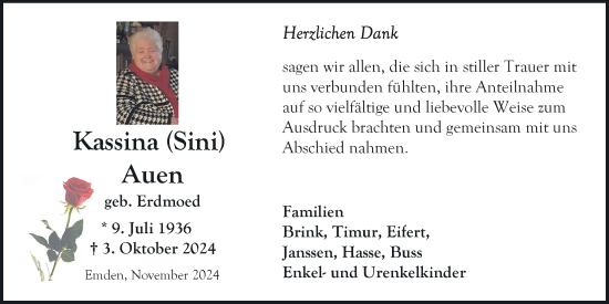 Traueranzeige von Kassina Auen von Emder Zeitung