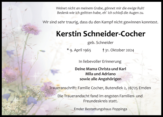 Traueranzeige von Kerstin Schneider-Cocher von Emder Zeitung