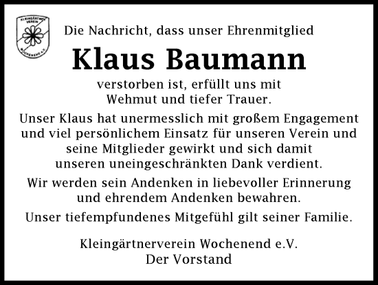 Traueranzeige von Klaus Baumann von WZ/JW/AH