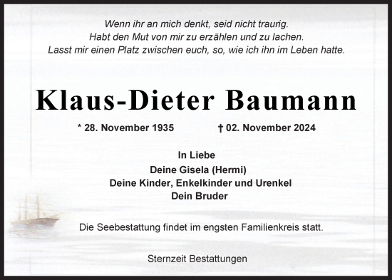 Traueranzeige von Klaus-Dieter Baumann von WZ/JW/AH