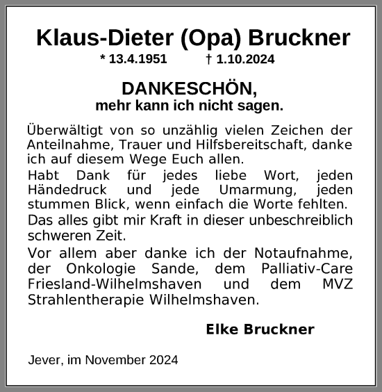 Traueranzeige von Klaus-Dieter Bruckner von Nordwest-Zeitung