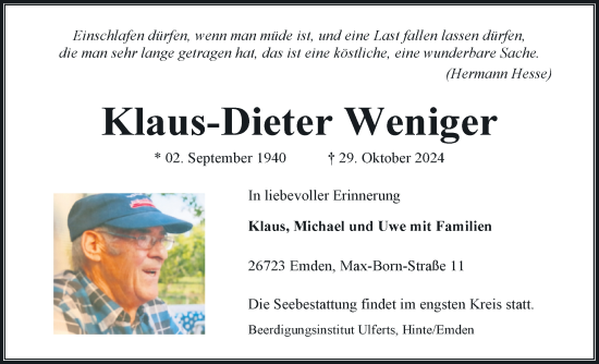 Traueranzeige von Klaus-Dieter Weniger von Emder Zeitung