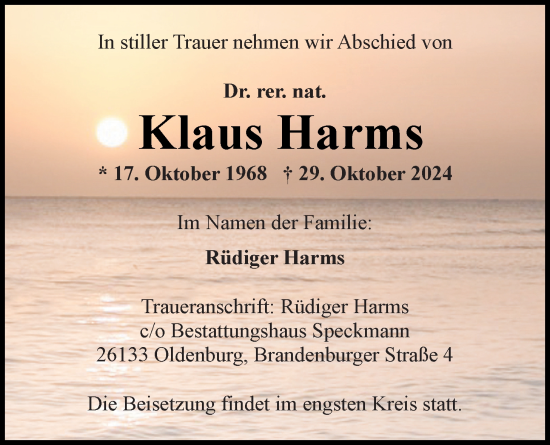 Traueranzeige von Klaus Harms von Nordwest-Zeitung