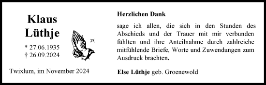 Traueranzeige von Klaus Lüthje von Emder Zeitung