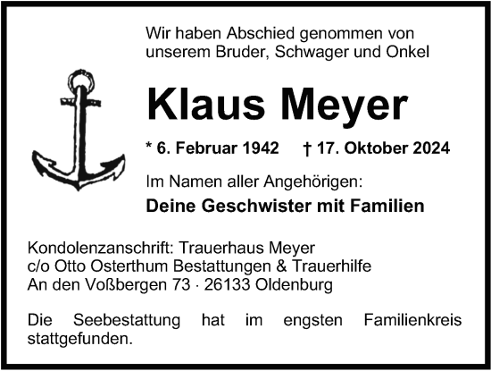 Traueranzeige von Klaus Meyer von Nordwest-Zeitung