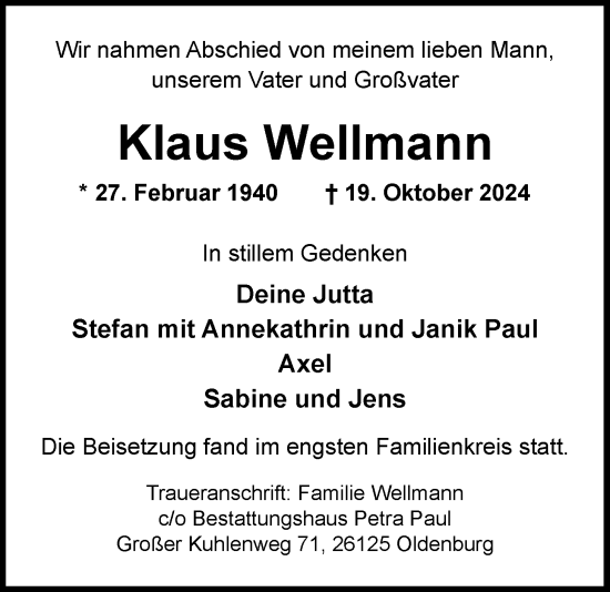 Traueranzeige von Klaus Wellmann von Nordwest-Zeitung