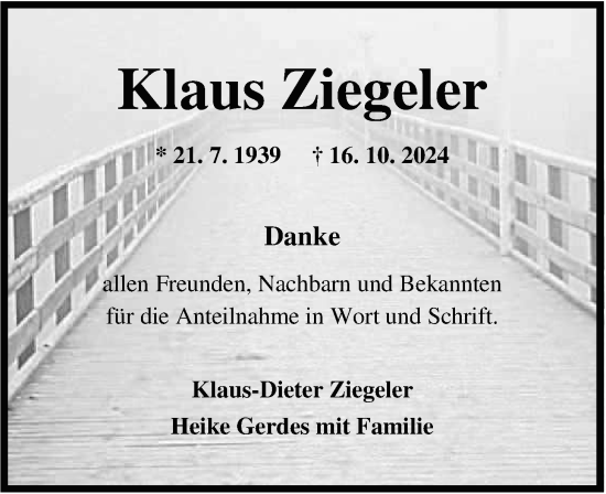 Traueranzeige von Klaus Ziegeler von WZ/JW/AH