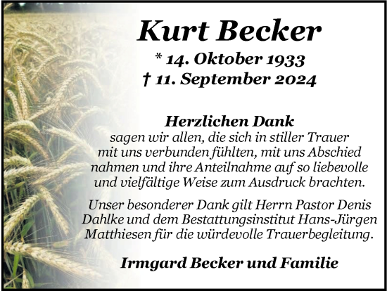 Traueranzeige von Kurt Becker von Nordwest-Zeitung