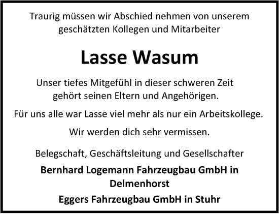 Traueranzeige von Lasse Wasum von Nordwest-Zeitung