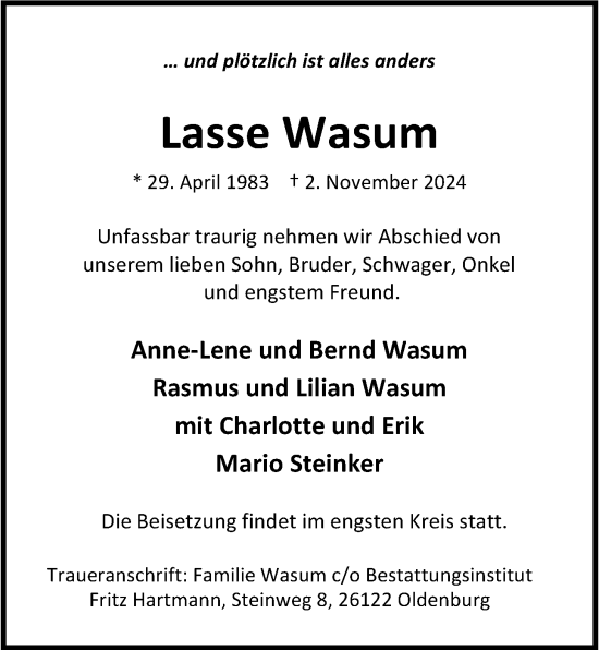 Traueranzeige von Lasse Wasum von Nordwest-Zeitung