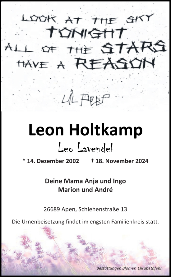 Traueranzeige von Leon Holtkamp von Nordwest-Zeitung