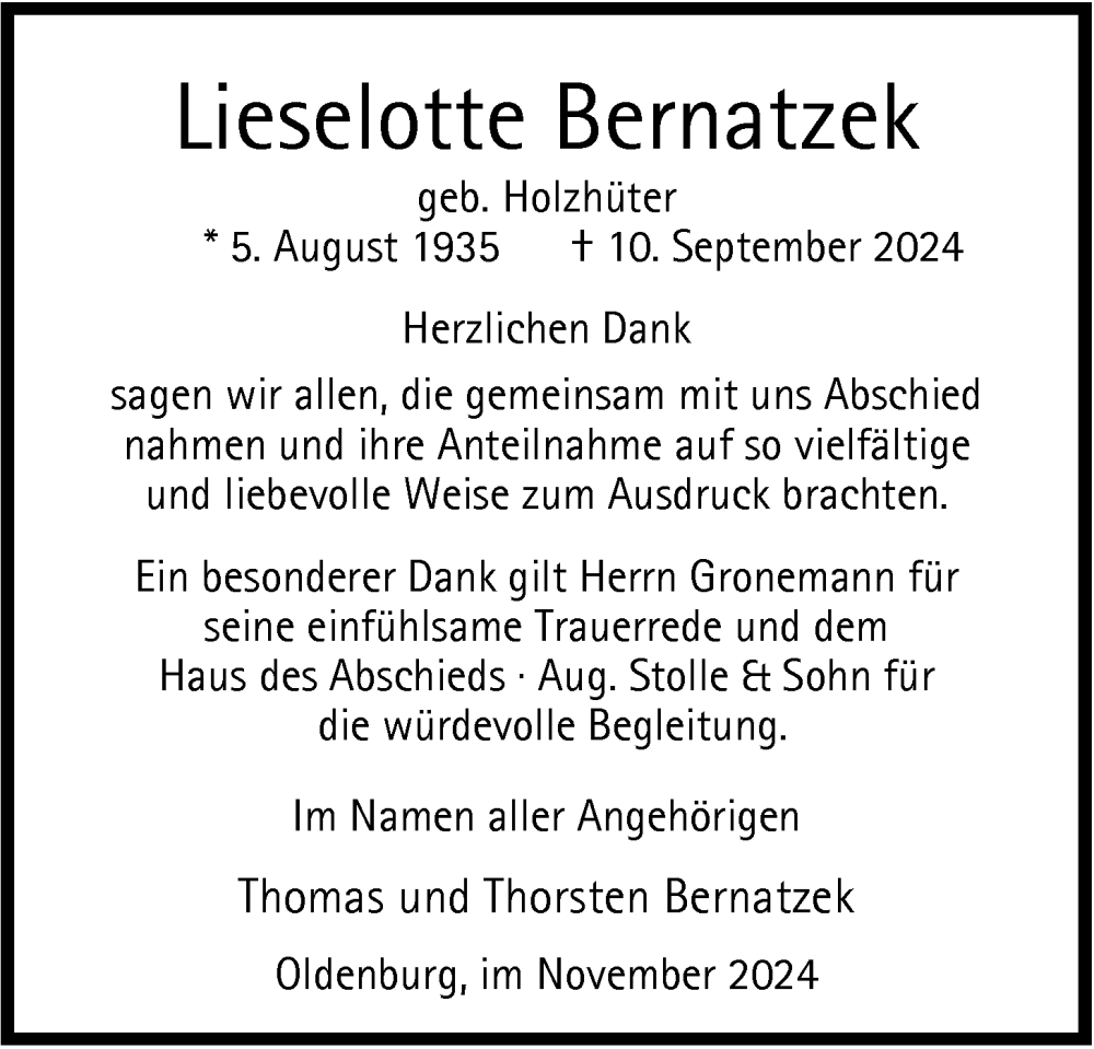  Traueranzeige für Lieselotte Bernatzek vom 09.11.2024 aus Nordwest-Zeitung
