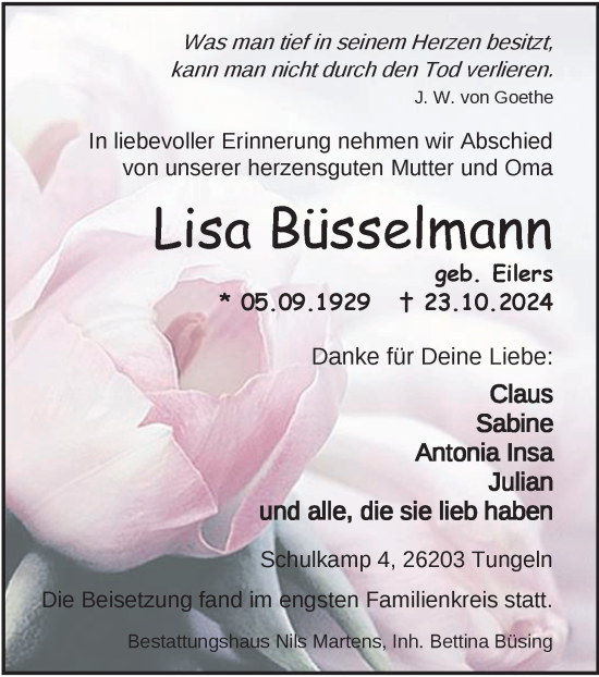 Traueranzeige von Lisa Büsselmann von Nordwest-Zeitung