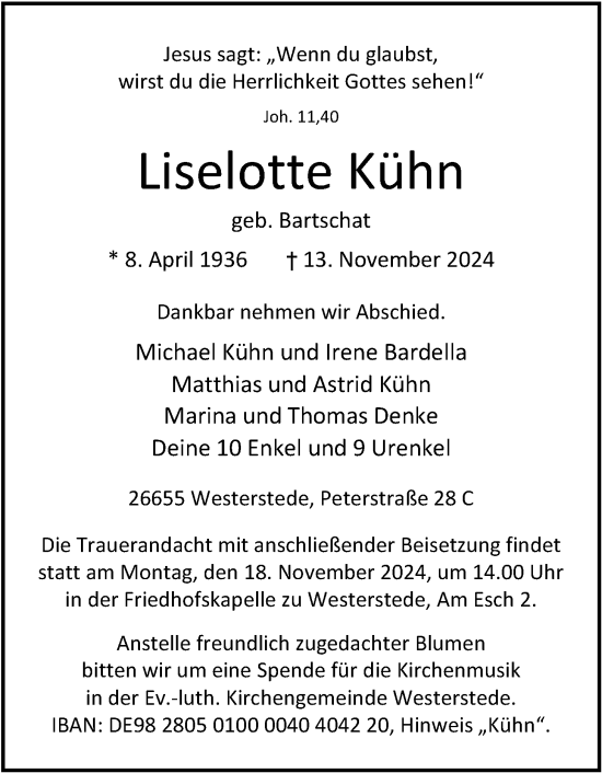 Traueranzeige von Liselotte Kühn von Nordwest-Zeitung