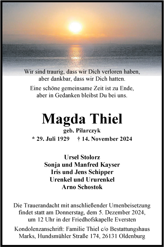 Traueranzeige von Magdalene Thiel von Nordwest-Zeitung