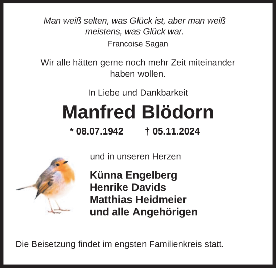Traueranzeige von Manfred Blödorn von Nordwest-Zeitung