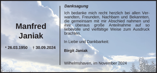 Traueranzeige von Manfred Janiak von WZ/JW/AH