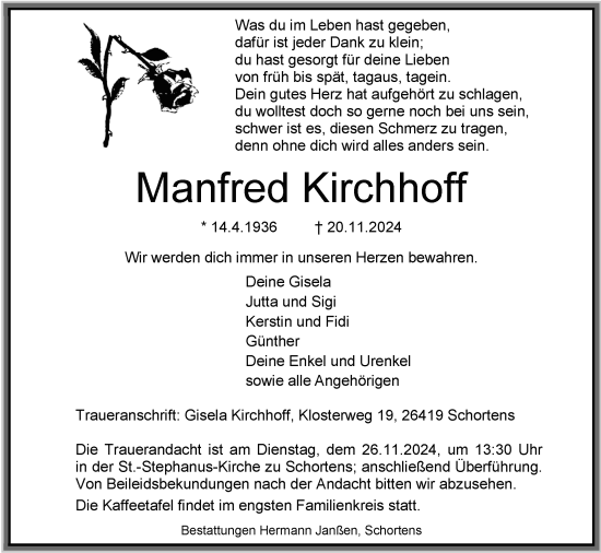 Traueranzeige von Manfred Kirchhoff von WZ/JW/AH