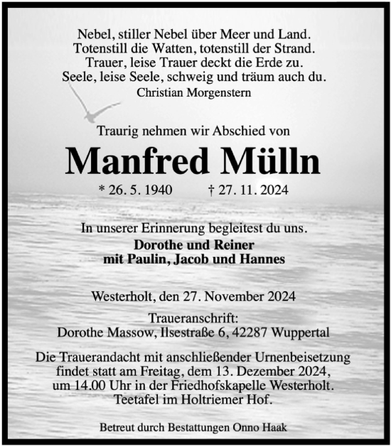 Traueranzeige von Manfred Mülln von WZ/JW/AH