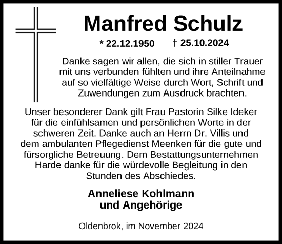 Traueranzeige von Manfred Schulz von Nordwest-Zeitung